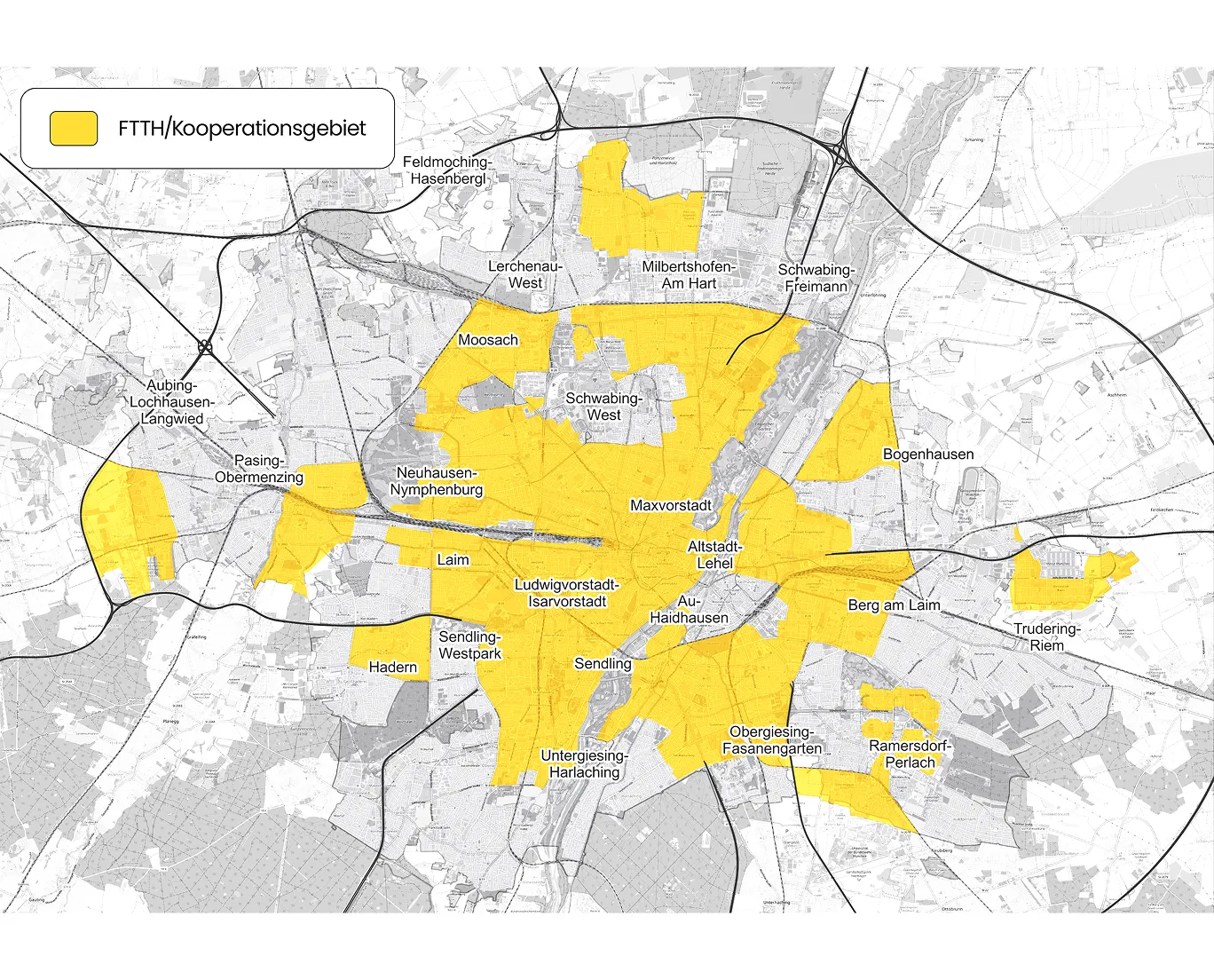 Glasfaserausbaukarte mit farblich markierten Kooperationsgebieten der Stadtteile; die Karte zeigt, welche Bereiche erschlossen werden. Der Ausbau startet im Januar 2026.